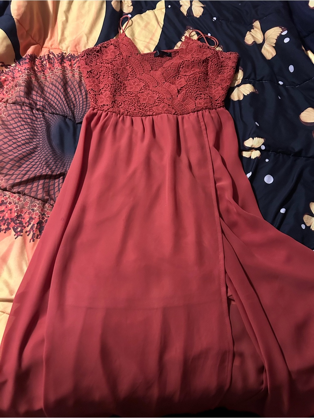 Lace Bodice Spaghetti Strap Maxi Dress - Terracotta